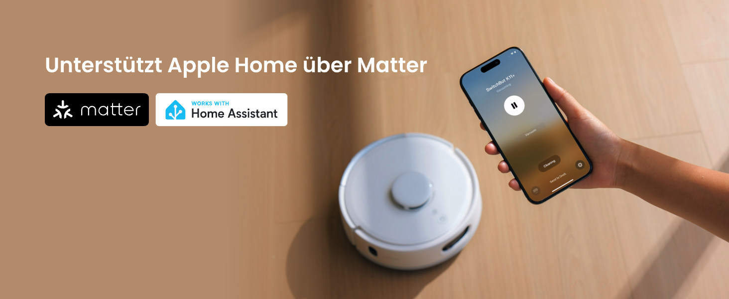 Робот-пилосос SwitchBot K11+ з мокрою прибиранням, 6000Pa, самостійна очистка контейнера, LDS-картування, 3.6 дюйми, сумісний з Apple Home, Alexa, Google Home та Matter, бежевий