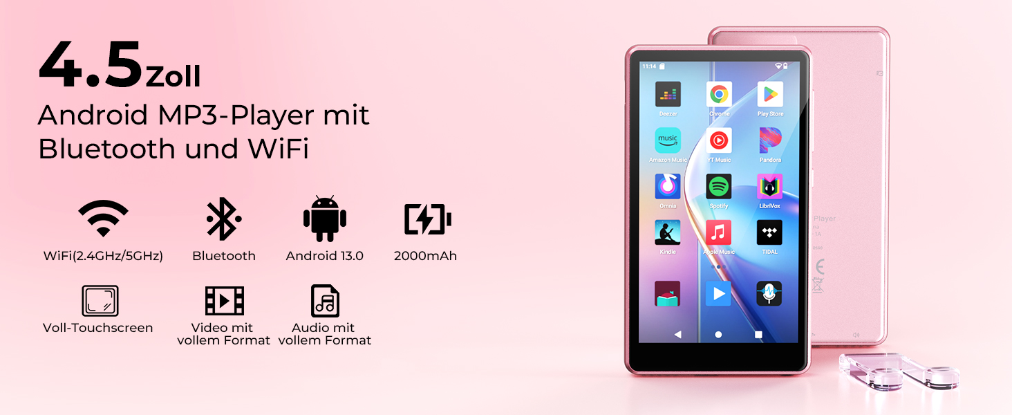 MP3 плеєр з підтримкою Spotify, Bluetooth та WiFi, сенсорний екран 4.5