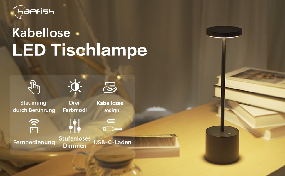 LED-лампа Hapfish настільна акумуляторна з пультом, чорна. Алюміній, 3 режими, регулювання яскравості. Для столу, балкону, нічника.