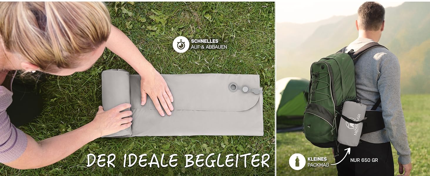 Nordbär Inflatable Camping Sleeping Pad - Ultralight & Compact | Air Mattress for Camping, Outdoor Use & Tent | Grey Sleeping Pad with or without Pillow
