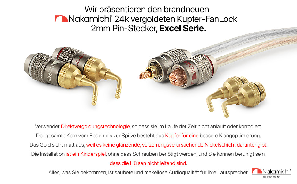 Бананові роз'єми Nakamichi FanLock Excel-Serie, 24K позолочені штекери 2мм для акустичних кабелів Hi-Fi, 10-18 AWG, 4мм, 4 шт (2 пари)