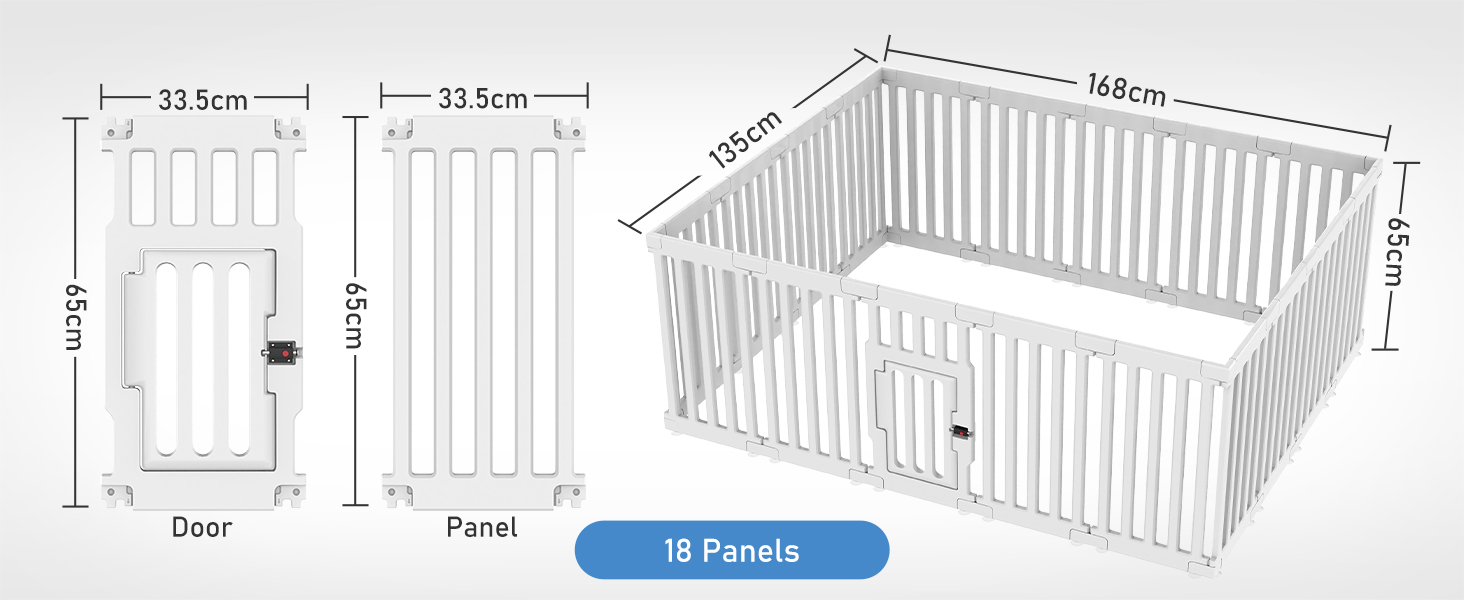 Клітка для цуценят Indoor 65 см, пластикове огородження для собак з неслизькими присосками, вольєр для маленьких собак, 18 панелей, 18 шт (168 x 135 x 65 см), з окремими секціями