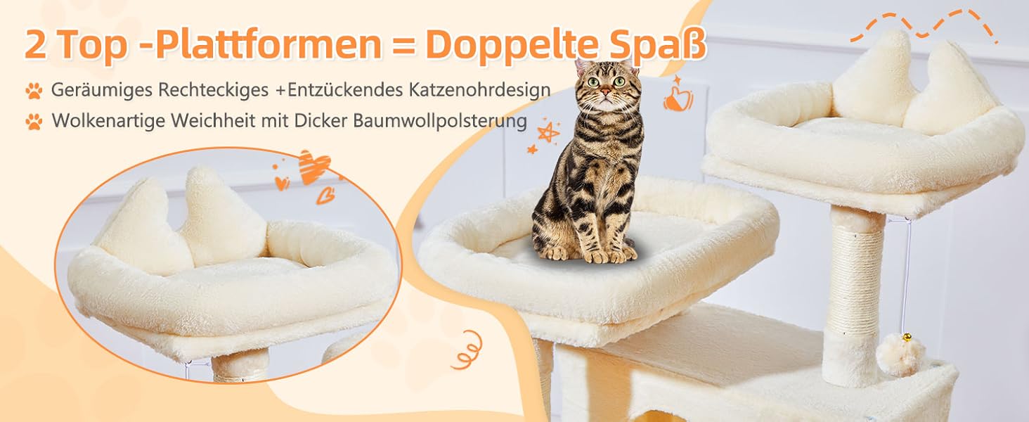 Дерев'яний кігтеточки для котів Taoqimiao MS026W, великий, бежевий (146 см) з 2 будиночками, гамаком та 8 стовпчиками для заточування кігтів