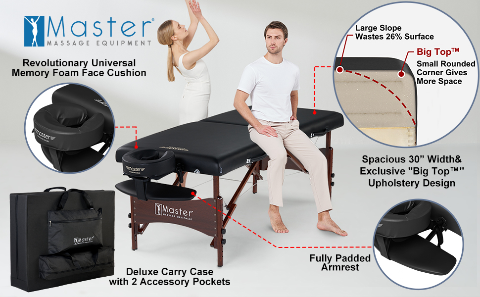 Масажний стіл Master Massage 71см Newport - складаний, портативний, чорний, з дерев'яними ніжками та сумкою