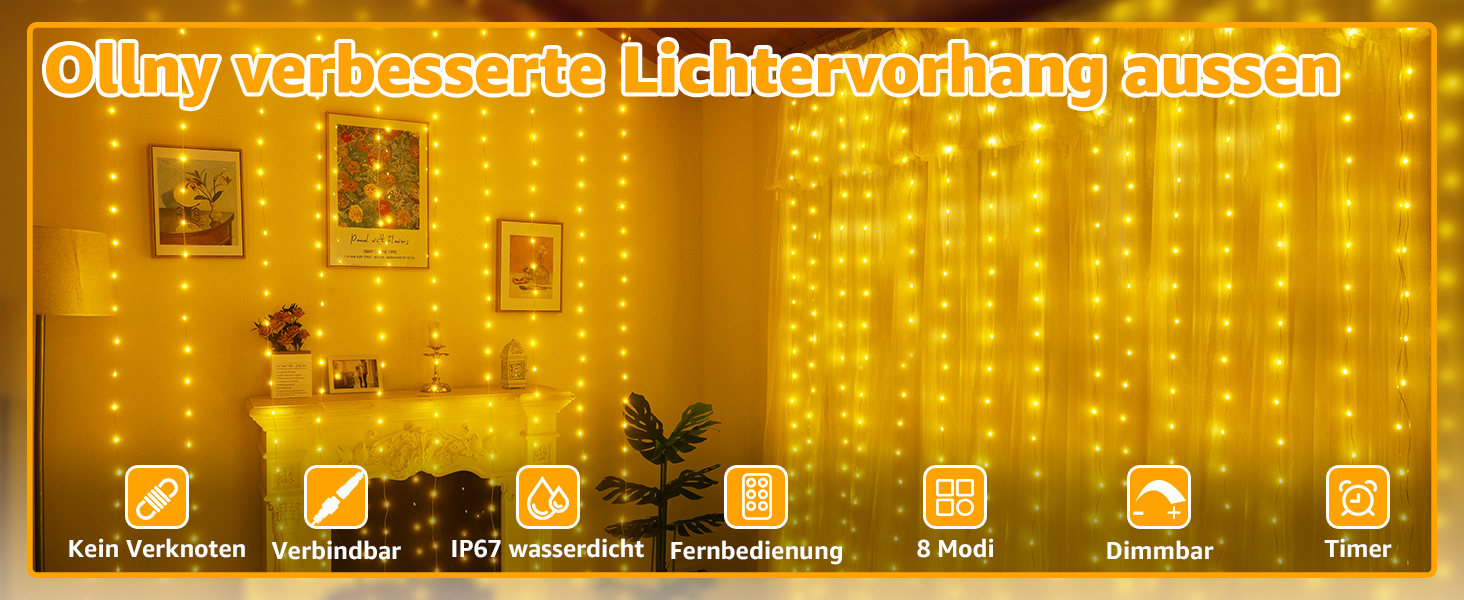 Льодосвітна штора Ollny для декорування фасаду 3x3м, 300 LED, 8 режимів, IP67, пульт, таймер, димування, для декору на Різдво, двері, стіни, вечірки, вікна, балкон (тепле біле світло)
