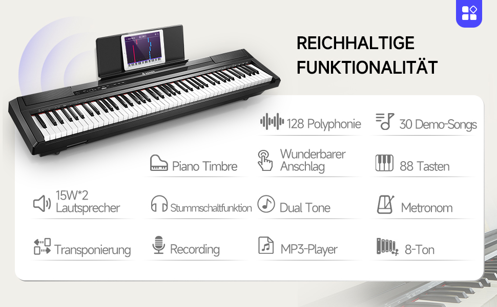 Електронне піаніно Donner DEP-10S 88 клавіш, напівзважені, для початківців, з підставкою та педаллю, чорне