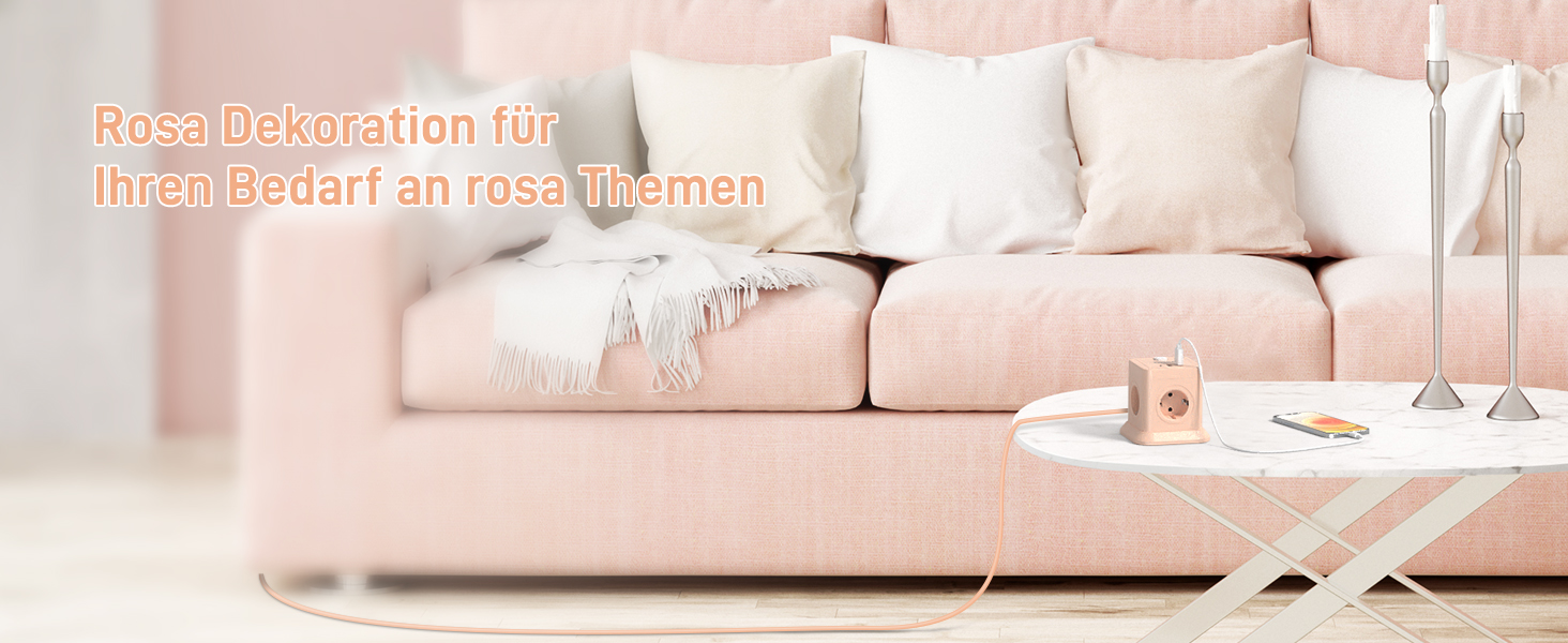 FDTEK Розетка-спінер з USB-C та USB-A, 7 розеток, 2500W/10A, з вимикачем, 1.8м кабель, рожевий