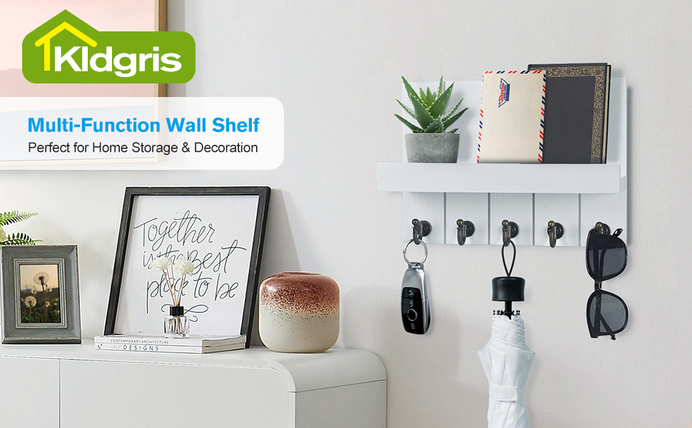 Дерев'яне ключниця з поличкою, 5 гачків, для прихожої, спальні, вітальні, білий колір