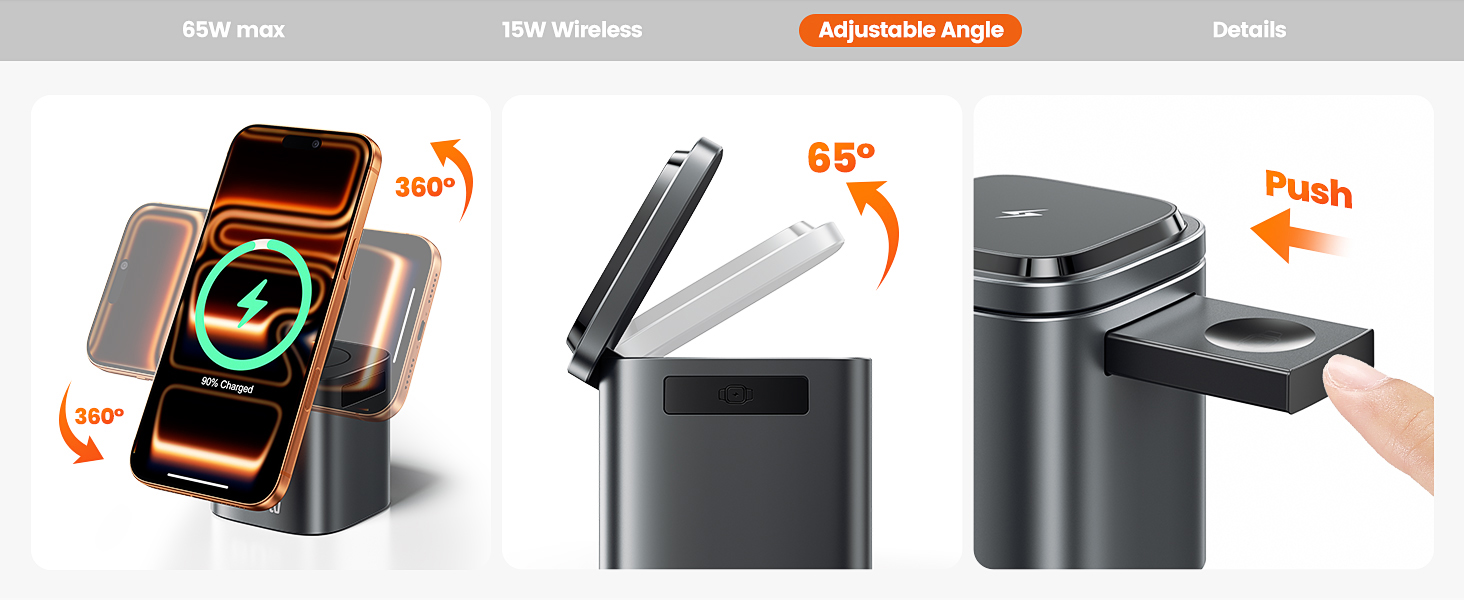 Зарядний пристрій Toocki 80W GaN з USB-C та USB-A, 6 портів, з вбудованим кабелем та MagSafe для MacBook, iPhone 17 Pro Max, Galaxy S24 та інших пристроїв