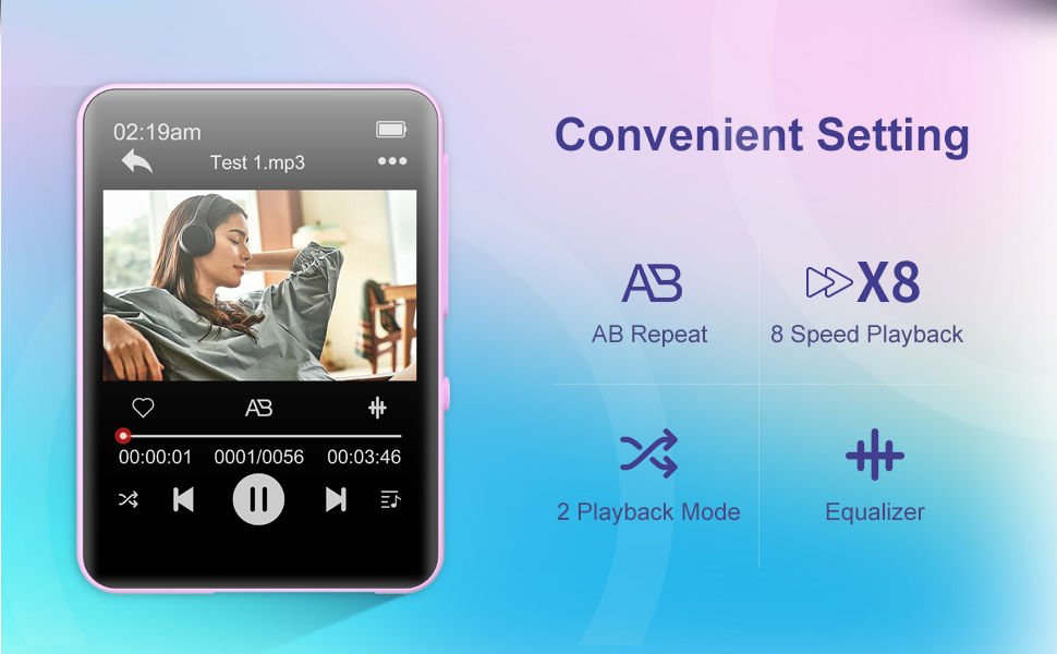 MP3 плеєр 64GB Bluetooth 5.3 HiFi, з радіо FM, диктофоном, металевим корпусом та сенсорним екраном 2.4