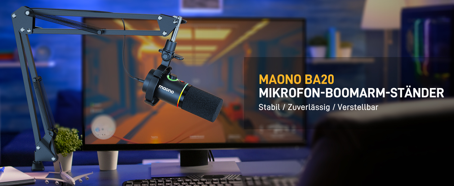 Тримач для мікрофона Maono BA20, регульований, для подкастів, геймінгу, стрімінгу та запису звуку, з кріпленням до столу та адаптером 3/8' - 5/8'