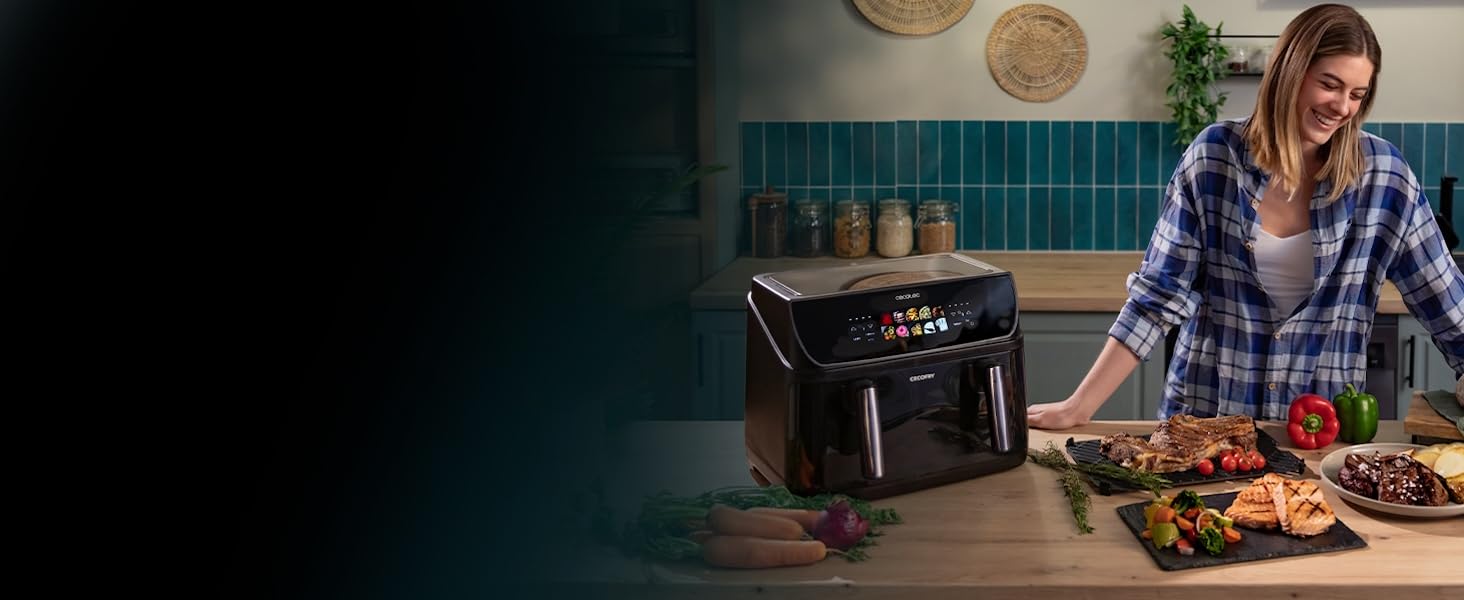 Фритюрниця без олії Cecotec Cecofry Grill Duoheat 8000 з грилем, 2200 Вт, 10 л, 8 меню, регулювання температури 80-200°C, цифровий дисплей, скло, для дієтичного харчування
