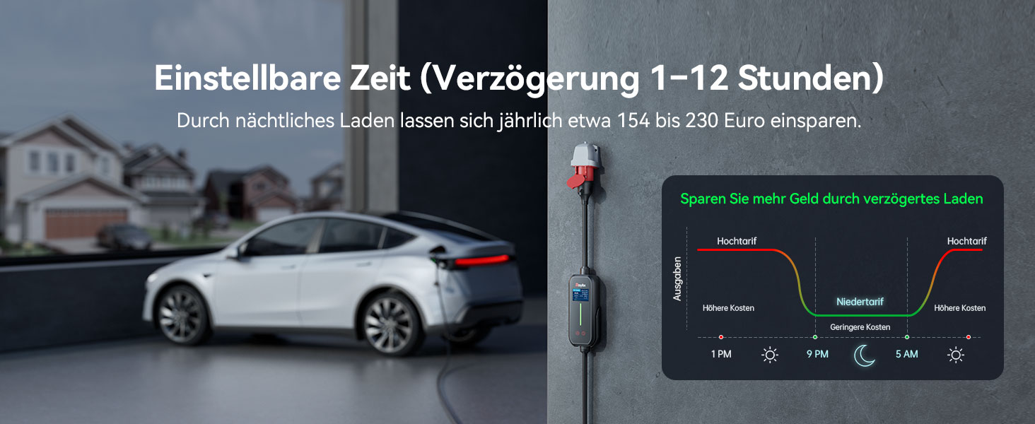 Raylix 2026 Neu 11kW Wallbox мобільна Type 2 з кабелем (8A-16A, 3 фази) + лічильник, регулювання струму, відкладений старт + кабель CEE 16A - Type 2, 5м