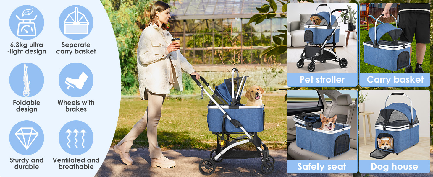 Візок для собак Mamizо 3-в-1: візок, переноска, сумка, до 20 кг, з відкидною конструкцією, 360° колеса, колір срібно-блакитний