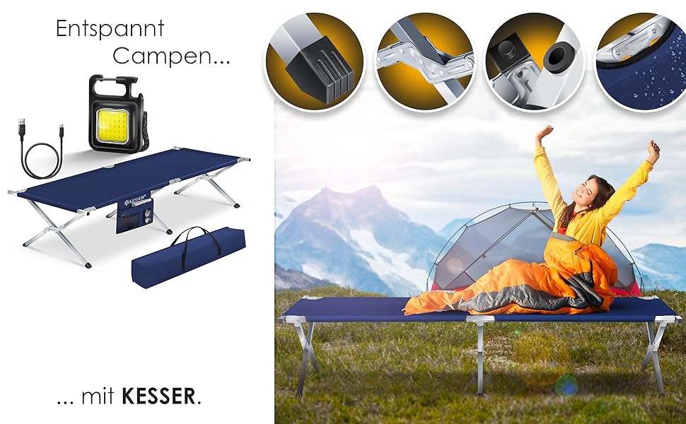 Ліжко туристичне розкладне KESSER® 210 см з сумкою, ліхтарем та кишенями, синій. Витримує 150 кг, сталевий каркас, 600D Oxford