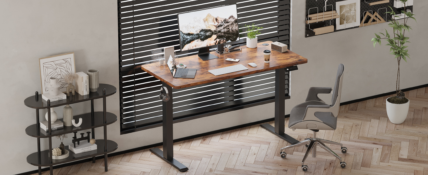 Devoko Adjustable Height Electric Desk - 120x60cm - Vintage Brown - Sit-Stand Desk with Memory Function & Collision Detection