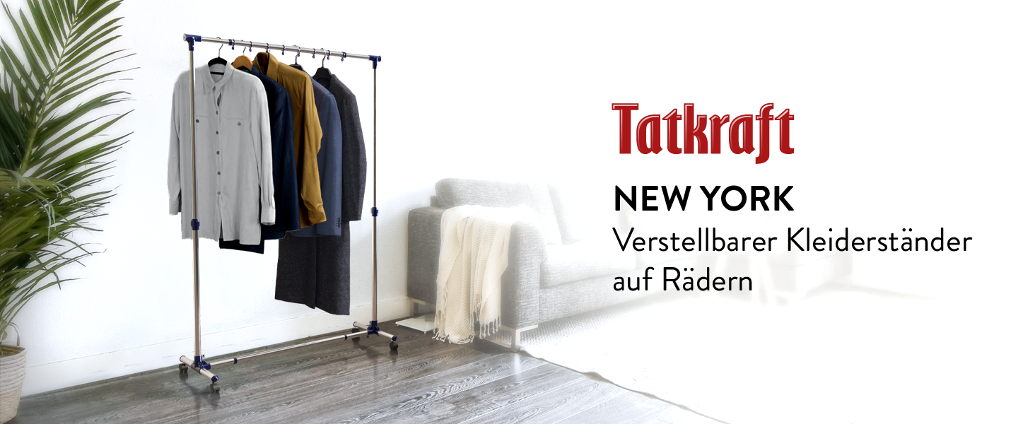 Вішак для одягу Tatkraft New York на колесах, розсувний, з нержавіючої сталі, регульована висота та ширина, 86-143x44x100-165 см, стійка пересувна гардеробна