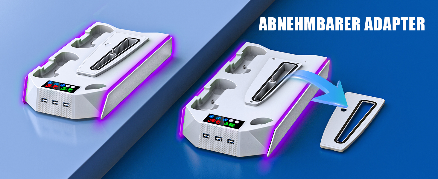 Підставка для PS5 Slim/Pro з зарядною станцією для контролера, RGB підсвічуванням, вентилятором, тримачем для навушників та USB хабом (чорний/білий)