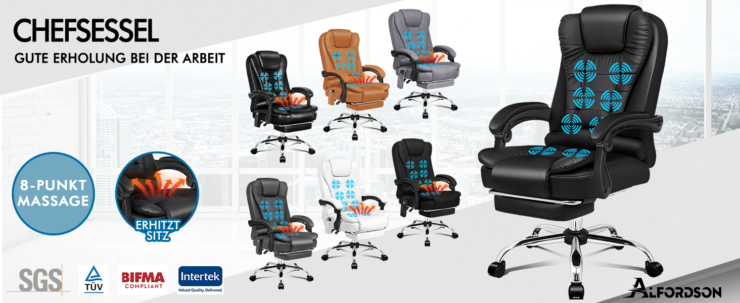 Офісне крісло Alfordson з ергономічною підтримкою попереку, регульоване, з підлокітниками та функцією масажу, PU шкіра, біле