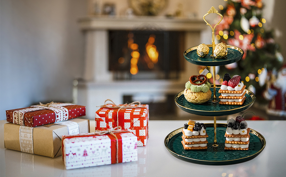 Підставка для капкейків та десертів з кераміки, 3-ярусна, зелена | Підставка для фруктів та тістечок