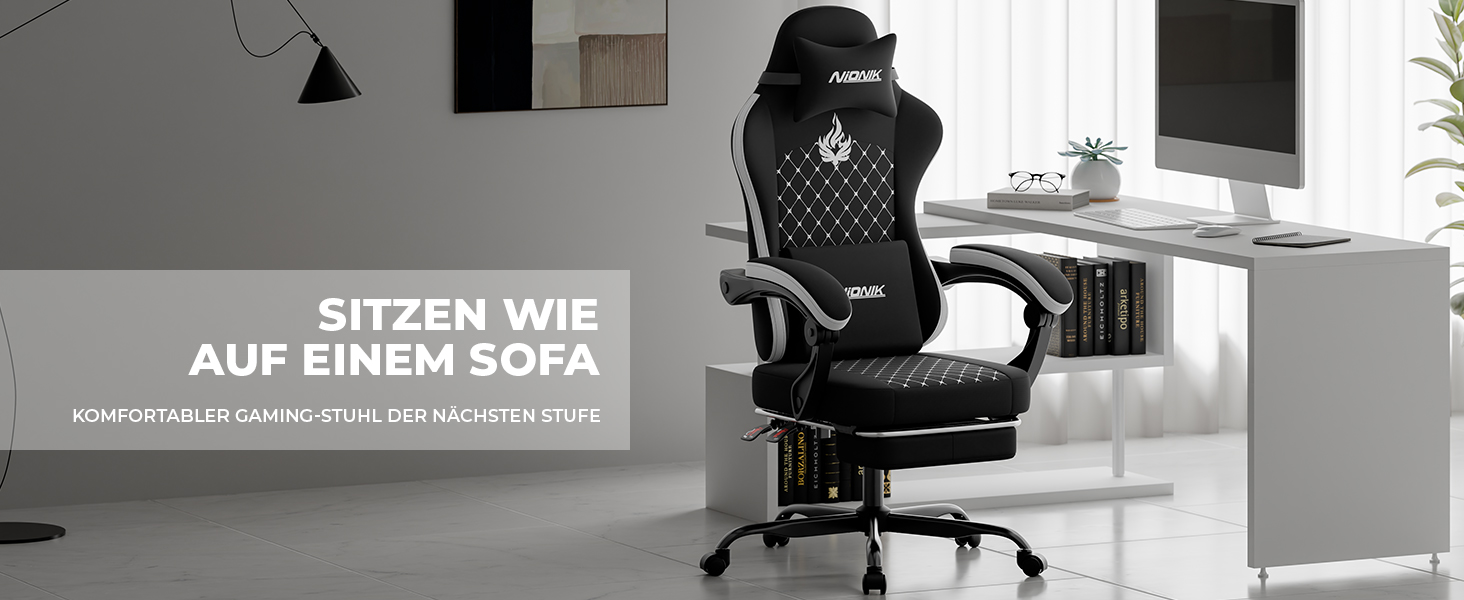 Геймерське крісло Ergonomic з підставкою для ніг та підтримкою спини, регульоване, для дому, офісу, кіберспорту (чорно-біле)