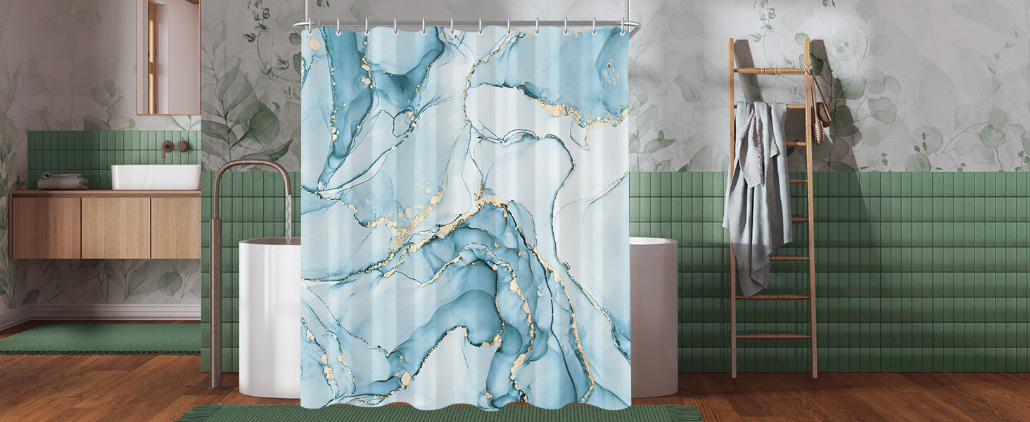 Штора для ванної кімнати 180x200 см, антигрибкова, водовідштовхувальна, поліестер, з кільцями (Світло-блакитний мармур)