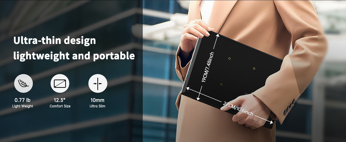 Портативний монітор 12.3 дюйма, FHD 1920x1280, IPS без відблисків, sRGB 100%, 60Hz, динаміки, USB-C, Mini-HDMI, VESA, для Windows/macOS, ігор та роботи (без сенсорного екрану)