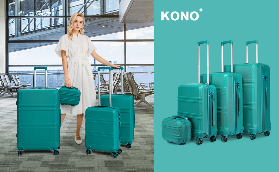 Дорожня валіза Kono 55 см, ABS, жорсткий корпус, бірюзова, ручна поклажа з TSA-замком, 38 л