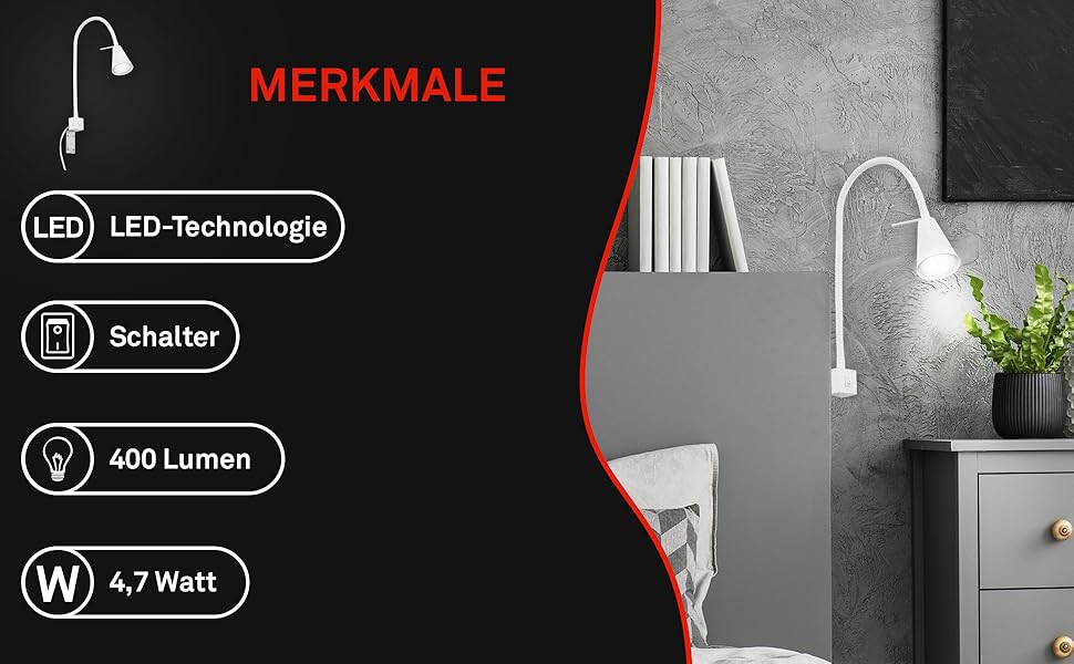 Світлодіодна настінна лампа Briloner з регульованим кутом нахилу, GU10 4.7W, 400lm, тепле біле світло, для читання, біла