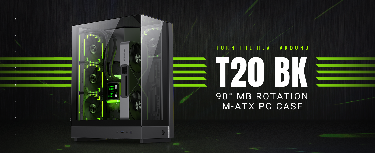 Ігровий корпус GAMEMAX T20 BK M-ATX, панорамне загартоване скло 270°, вертикальна установка GPU, 2x120мм ARGB вентилятори, підтримка 360мм радіатора та SFX/SFX-L БЖ, BTF-Ready, чорний