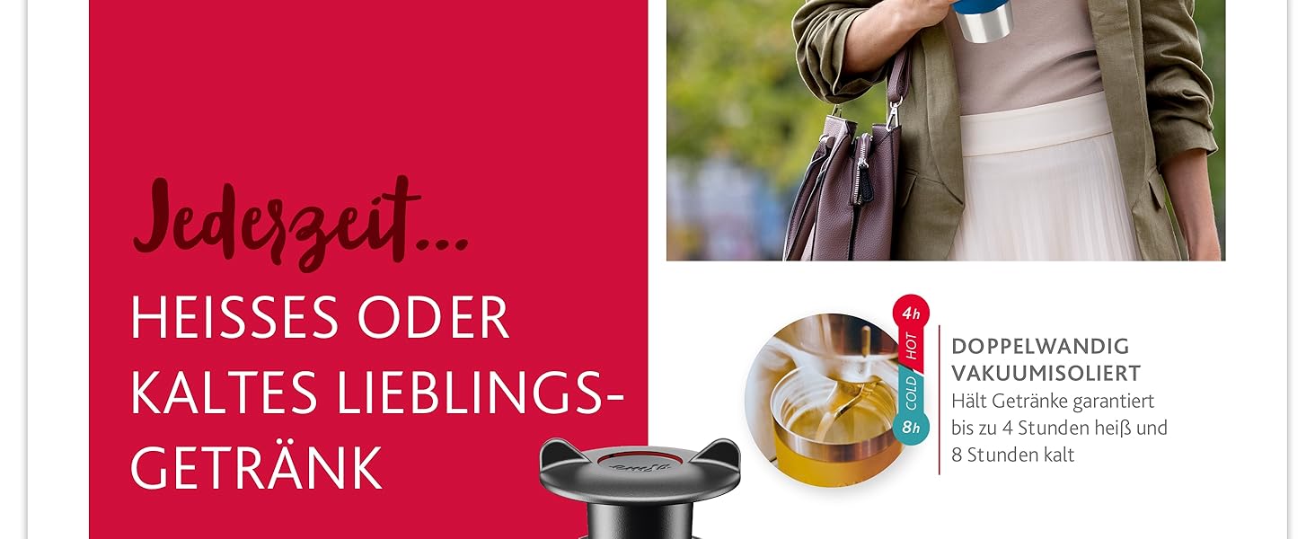 Термокружка Emsa Travel Mug Classic, 360 мл, чорна, з ізоляцією, 4 години гаряче, 8 годин холодне, Quick-Press замок, 360° відкривання