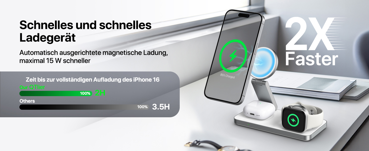 Зарядна станція Inductive QTlier 3-в-1 для iPhone 15/14/13/12, Apple Watch та AirPods, 30W Wireless Charging