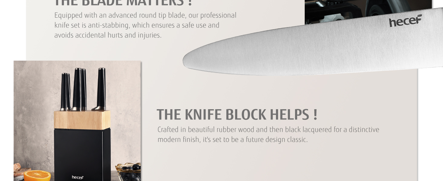 Набір ножів Hecef з підставкою 7 предметів, чорний – кухонні ножі з кованого нержавіючого сталевого леза, повний ергономічний руків'я з подвійним болстером, ергономічний дизайн, нагорода Red Dot Design Award, економія місця, ідеальний подарунок для кухні