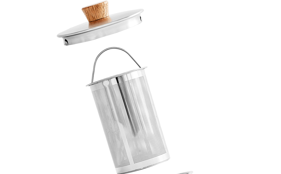 WALDWERK Teapot with Infuser - Teapot Thermal Double-Walled - Teapot with Strainer made of 304 Stainless Steel - Tea Maker with Genuine Oak Wood Handles - Tea Pot 100% Drip-Free