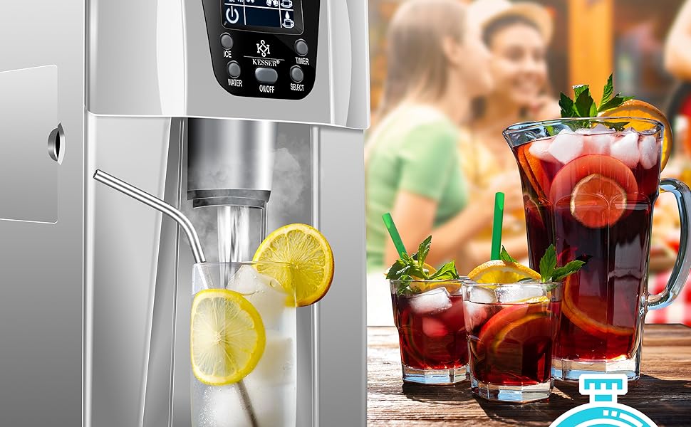 Машина для приготування льоду KESSER® з нержавіючої сталі, 100W, 12 кг/24 год, 2 розміри кубиків, 2 л бак, таймер, LCD-дисплей, з аксесуарами (сріблястий)