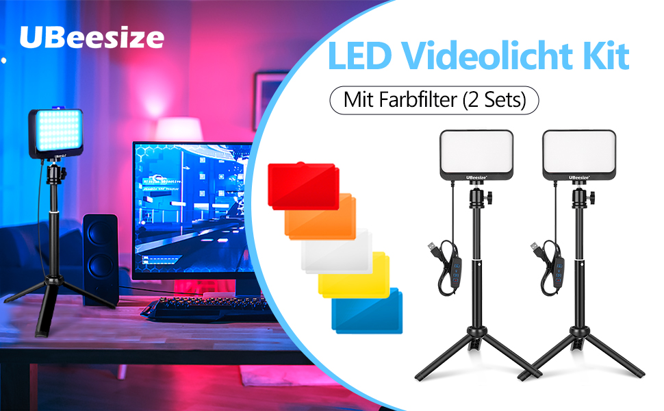 LED відеосвітло UBeesize 2 шт. з регульованою яскравістю, штативом та фільтрами для відеоконференцій, стрімінгу та YouTube