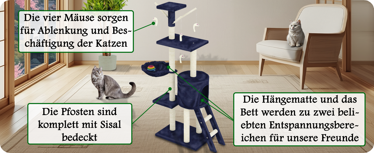 Дерев'яний кігтечка для котів Beltom® Kratzbaum 140 см, блакитний. Ігровий комплекс для котів, кігтеточка, ігровий центр