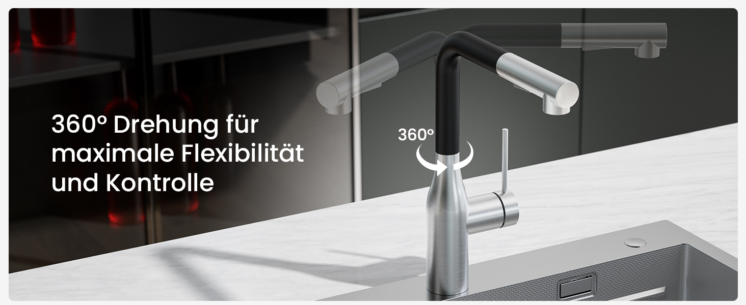 Кран кухонний висувний CECIPA, 360° поворотний, чорний, з витяжним виливом, міцний, без витоків, проста установка, з домішувачем для раковини (щіткова поверхня & чорний колір)