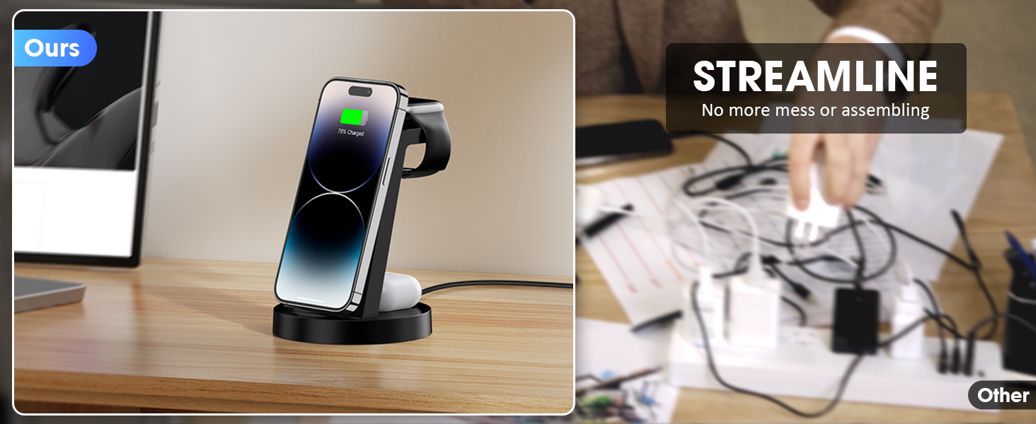 Зарядна станція 3 в 1 для iPhone з бездротовою зарядкою, 18W, сумісна з Apple iPhone 16, 15, 14, 13, 12, 11, X, Pro, Max, Apple Watch та AirPods, чорна