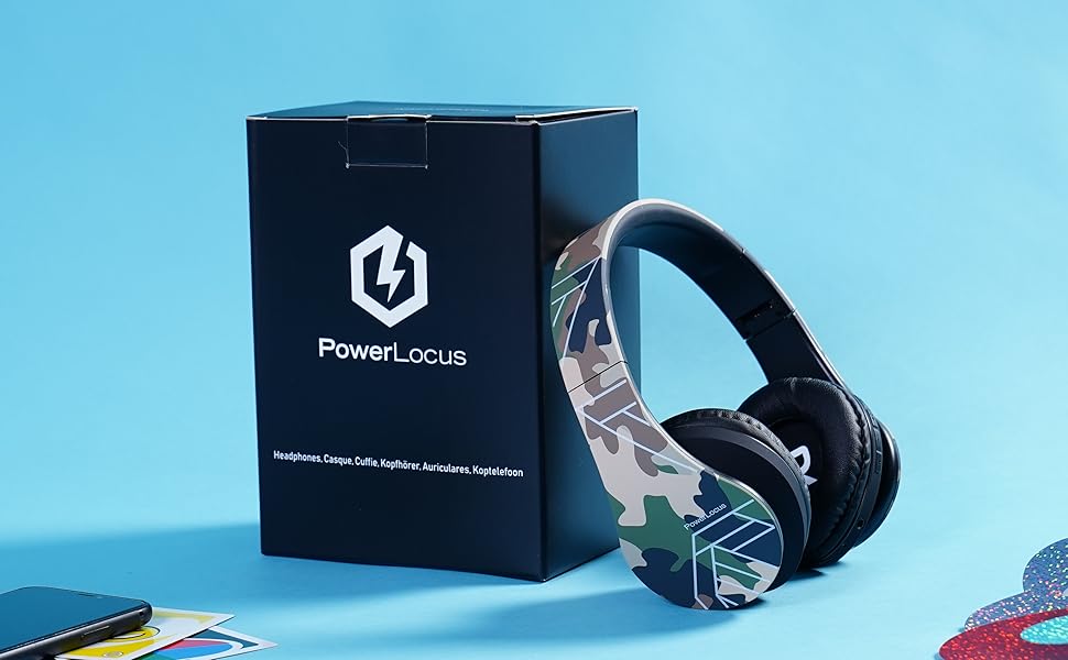 Дитячі навушники PowerLocus Bluetooth з обмеженням гучності 85dB, складні, з чохлом, Over-Ear, бездротові та з кабелем, з мікрофоном, підтримка Micro-SD, камуфляж (для телефону, ПК, планшета)