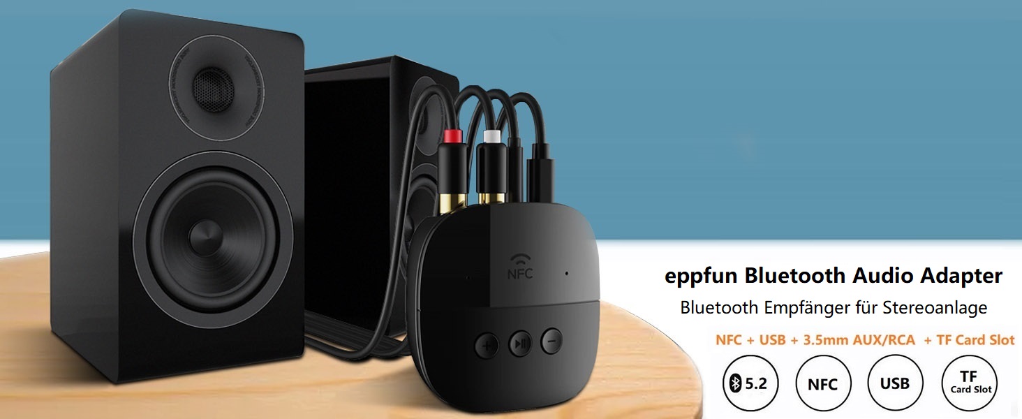 Адаптер Bluetooth 5.2 Eppfun для аудіо, 3.5mm AUX, Cinch, підходить для колонок та підсилювачів