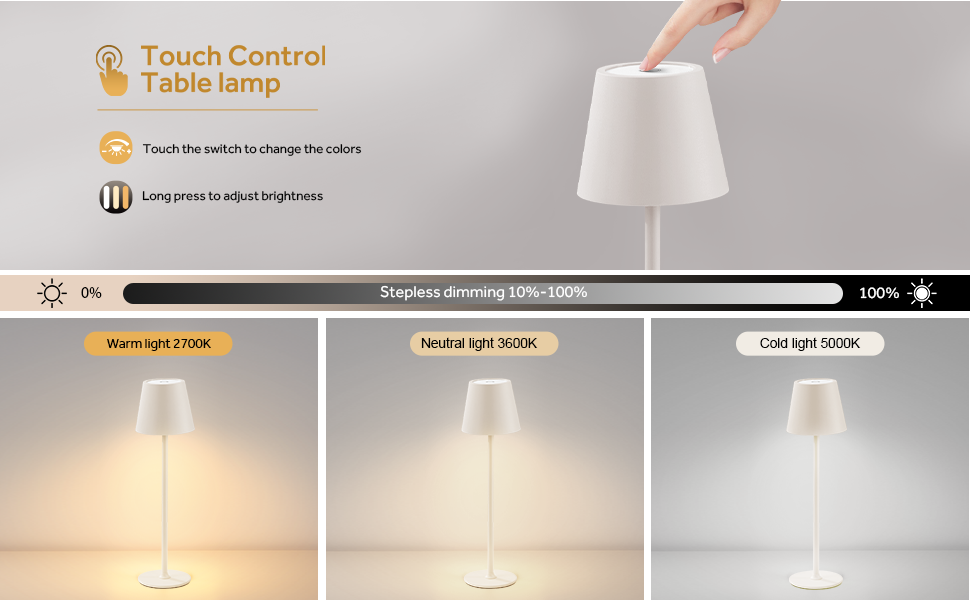 Настільна світлодіодна лампа DEELUX акумуляторна, димова, з регулятором яскравості, 3 режими світла (2700K/3600K/5000K), USB-C, водонепроникна IP44, для дому та вулиці