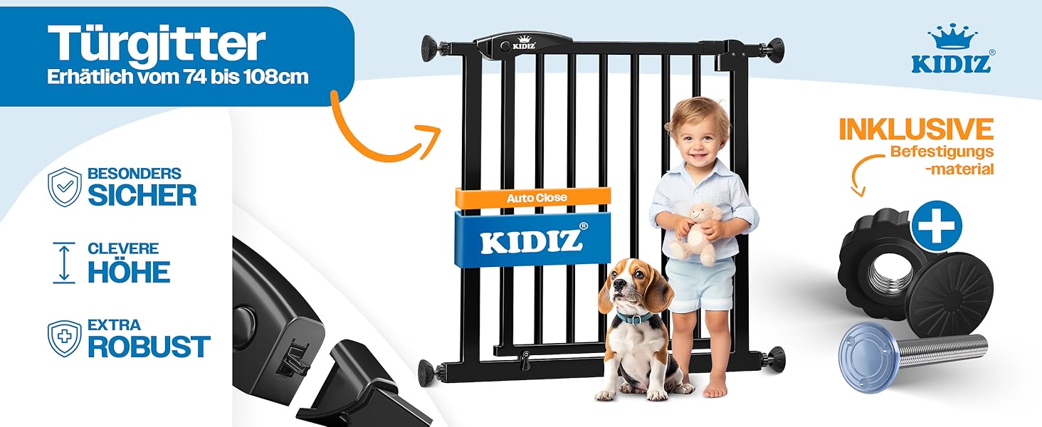 Захист для сходів KIDIZ без свердління | Ширина: 74-80 см, висота 75 см | Захист від падіння для дітей та собак | Одноручний відкривання, система Open-Stop 90°, сірий