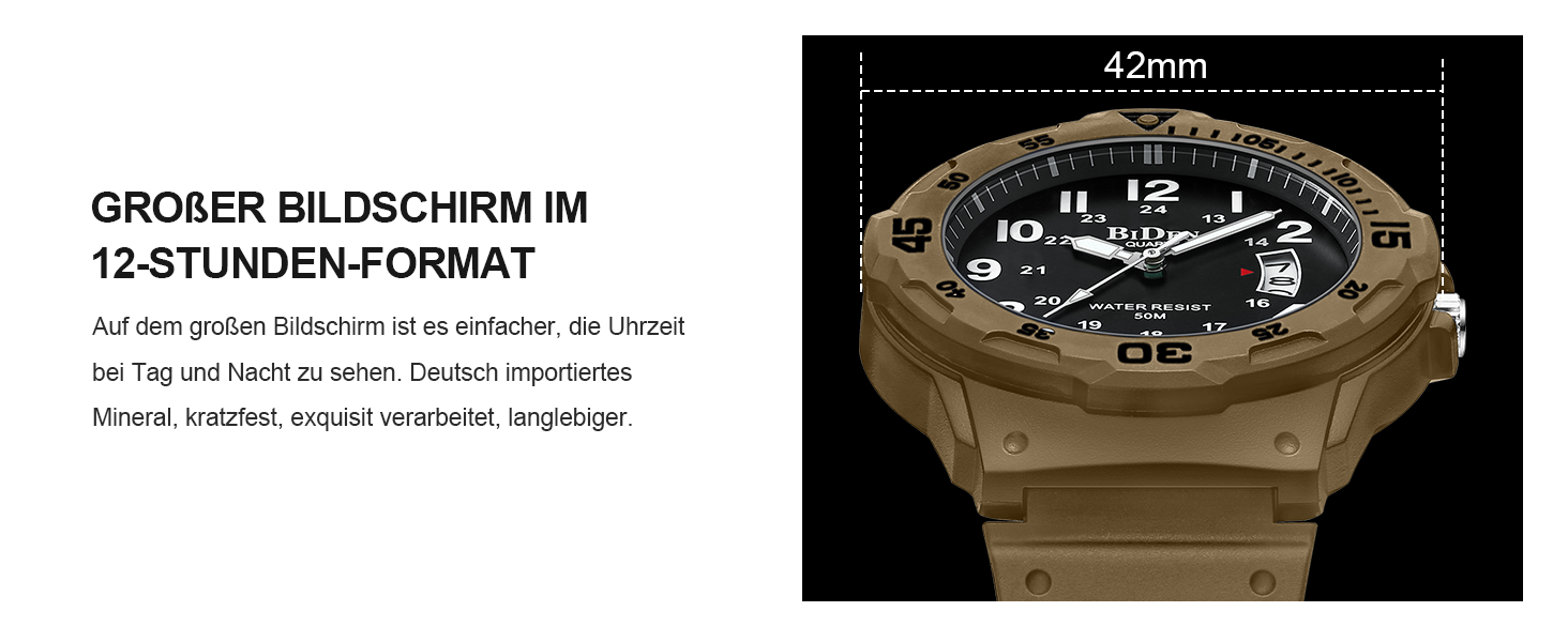 HANPOSH чоловічий годинник: аналоговий кварцовий годинник для чоловіків з датою, водонепроникний 50M, стильний дизайн, силіконовий ремінець (06- Khaki Schwarz)