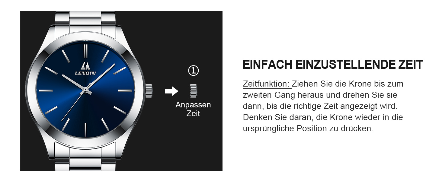 Годинник чоловічий LENQIN, водонепроникний, з нержавіючої сталі, кварцовий, аналоговий, з сапфіровим склом (Argent Bleu)