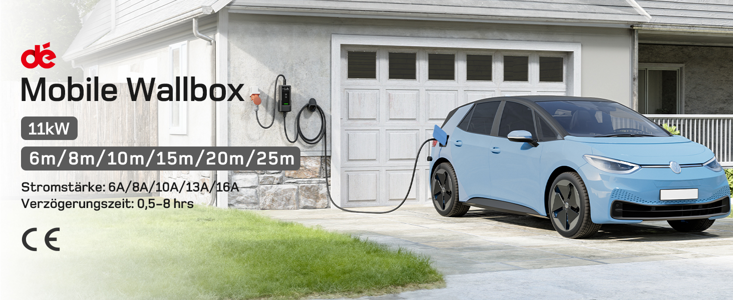 Зарядна станція для електромобілів Dé Mobile 11 кВт (6 м) з регулюванням потужності, кабель CEE 16A на Typ 2, сумісна з Model Y/3, ID.3/4/5, MG4, EX30, e-up, e-tron та BEV/PHEV