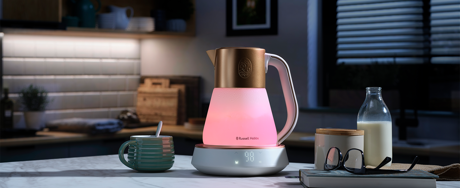 Електричний чайник Russell Hobbs зі скла 1,7 л з регулюванням температури 40-100°C, LED-підсвіткою, тихою технологією кип'ятіння, функцією підтримки тепла, цифровим дисплеєм, сенсорним управлінням, 2400 Вт, модель Calm 27450-70