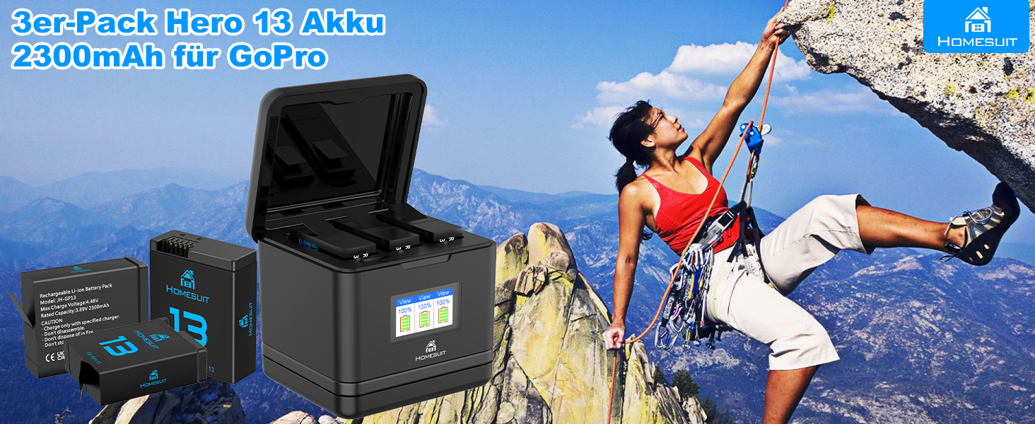 Набір акумуляторів та зарядного пристрою для GoPro Hero 13 Black: 3 акумулятори 2300mAh та швидке зарядне пристрій USB Type-C PD3.0 (2/3 шт.)