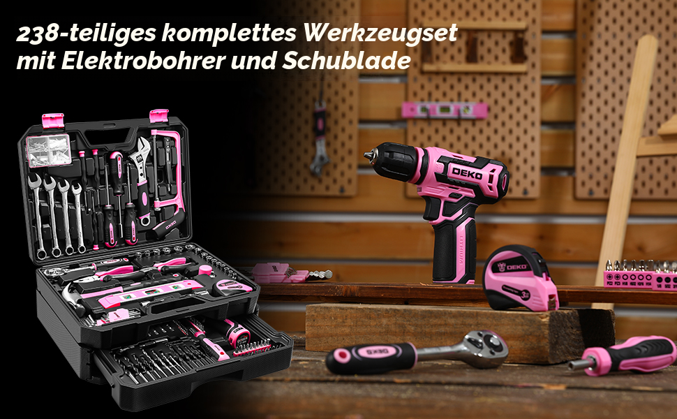 Акумуляторна дриль-шуруповерт DEKO 12V рожева: набір інструментів 238 шт. з акумулятором для дому та ремонту