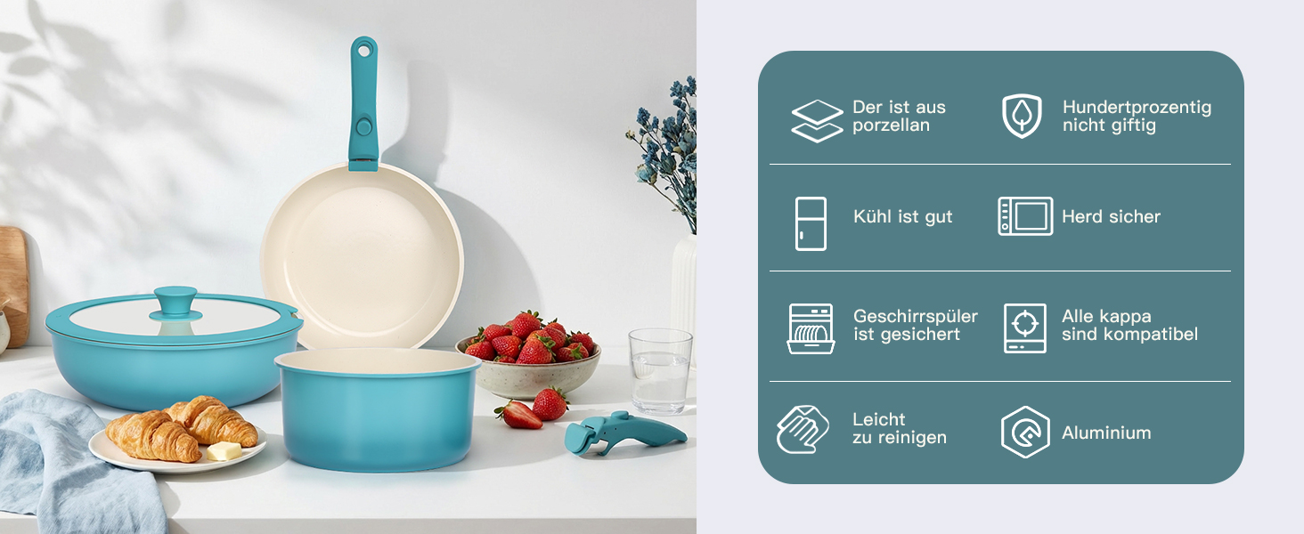 Набір посуду GiPP 11 предметів: сковорідки та каструлі з антипригарним покриттям, знімні ручки, сталевий, блакитний градієнт, для всіх типів плит, сумісний з духовкою